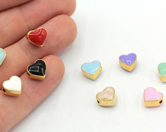 9mm 24k Shiny Gold Plated Enamel Heart Beads, Heart Bracelet Beads, Heart Spacer Beads, Bracelet Connector, Gold Plated Findings, GD1060