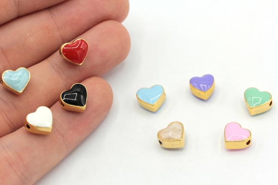9mm 24k Shiny Gold Plated Enamel Heart Beads, Heart Bracelet Beads, Heart Spacer Beads, Bracelet Connector, Gold Plated Findings, GD1060