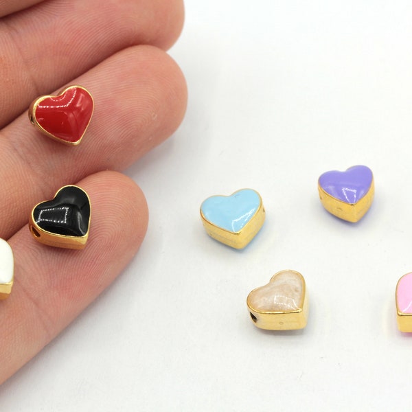 9mm 24k Shiny Gold Plated Enamel Heart Beads, Heart Bracelet Beads, Heart Spacer Beads, Bracelet Connector, Gold Plated Findings, GD1060