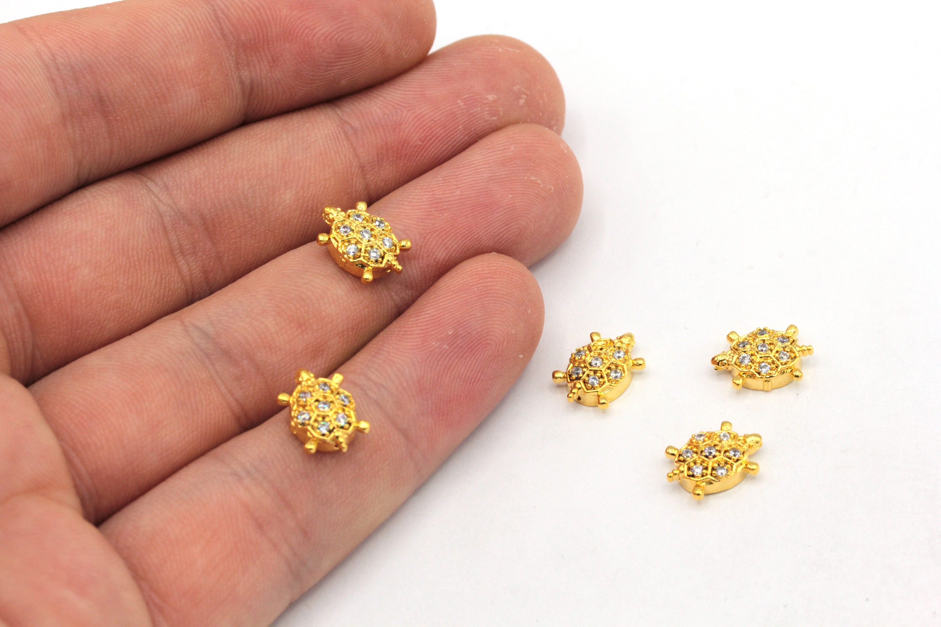 8x11mm 24k Shiny Gold Mini Turtle Bracelet Beads, CZ Micro Pave Turtle Beads, Zirconia Beads, Pave Turtle Beads, Gold Plated Findings, ZC357