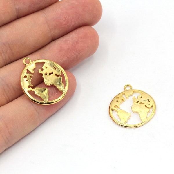 21x24mm 24k Shiny Gold Plated World Charm, World Traveller Charm, Eart Globe Charm, Medallion World Charm, Gold Plated Findings, GD232