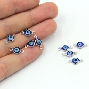 6x11mm Rhodium Mini Evil Eye Bracelet Charm, Glass Evil Eye Charm, Evil Eye Connector, Evil Eye Beads, Rhodium Plated Findings, GD447-3