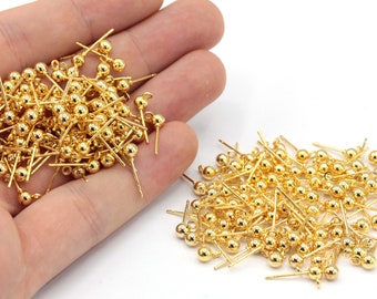 10 Pcs 4mm 24k Shiny Gold Plated Ball Ear Post, Stainless Steel Earrings, Ball Stud Earrings Gold Earring, Gold Plated Findings, MJ065