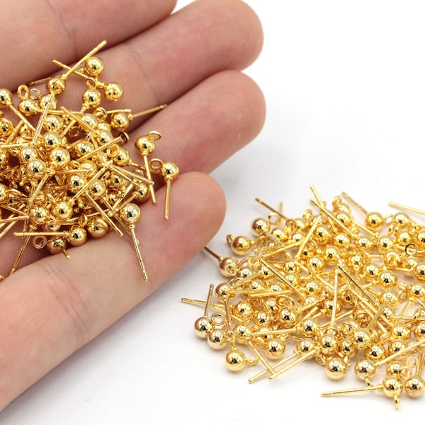 10 Pcs 4mm 24k Shiny Gold Plated Ball Ear Post, Stainless Steel Earrings, Ball Stud Earrings Gold Earring, Gold Plated Findings, MJ065