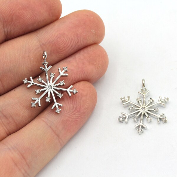 Large Sterling Silver Diamond Cut Snowflake Charm - Christmas Winter Jewelry