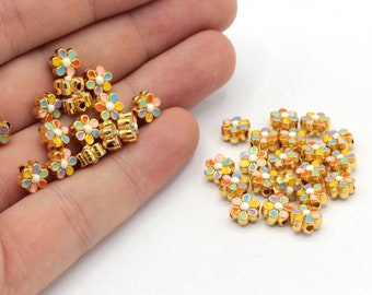 7mm 24k Shiny Gold Colorful Daisy Beads, Daisy Bracelet Beads, Daisy Spacer Beads, Enamel Bead, Bracelet Charm, Gold Plated Findings, GD1075