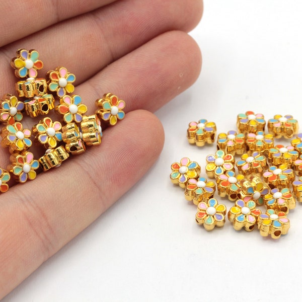 7mm 24k Shiny Gold Colorful Daisy Beads, Daisy Bracelet Beads, Daisy Spacer Beads, Enamel Bead, Bracelet Charm, Gold Plated Findings, GD1075