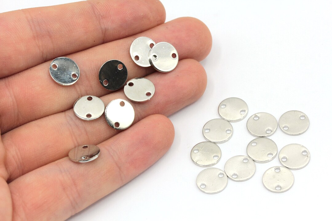 Small Rund Charm 10mm Rhodium Tiny Round Charm, 2 Holes Round Disc, Stamping Tag, Double ...