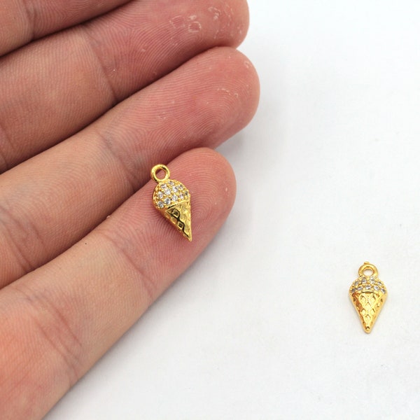 3x7mm 24k Shiny Gold Tiny Ice Cream Charm, CZ Micro Pave Ice Cream Charm, Ice Cream Earrings, Zirconia Charm, Gold Plated Findings, ZC336