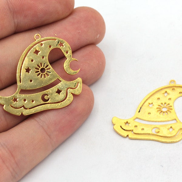 27x30mm 24k Shiny Gold Witch Hat Charm, Halloween Jewelry, Hat Earrings, Laser Cut Charm, Earring Findings, Gold Plated Findings, BM415