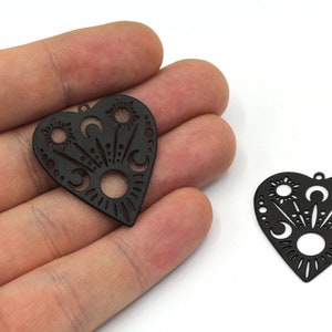 28x30mm Black Heart Charm, Celestial Charm, Black Heart Earrings, Black Earring Pendants, Earring Findings, Black Plated Findings, MJ373