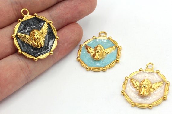 24x29mm 24k Shiny Gold Angel Charm, Medallion Charm, Necklace Charm, Enamel Angel Charm, Enamel Charms, Gold Plated Findings, GD763