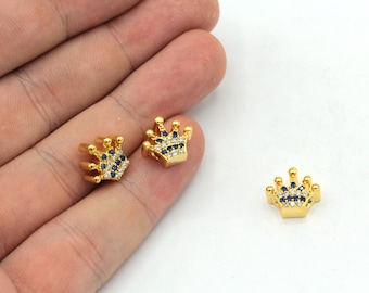 10x12mm 24k Shiny Gold Crown Bracelet Beads, CZ Micro Pave Crown Charm, Pave Crown Beads, Zirconia Charm, Gold Plated Findings, ZC259