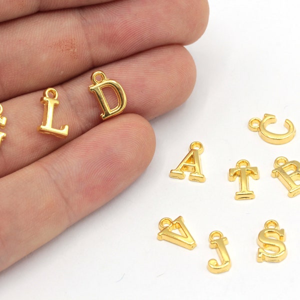 Encanto de letras chapadas en oro brillante de 6x10 mm de 24 k, mini encanto de letras, cuentas de letras de oro, encanto inicial, pulsera de letras, hallazgos chapados en oro, GD1153