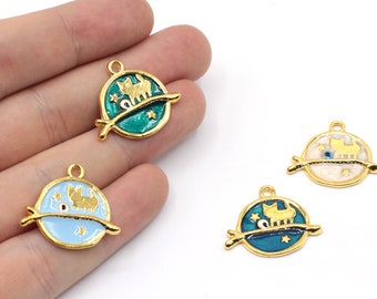21x24mm 24k Shiny Gold Moon with Cat Charm, Enamel Charms, Necklace Charm, Gold Cat Charm, Celestial Charm, Gold Plated Findings, GD1020