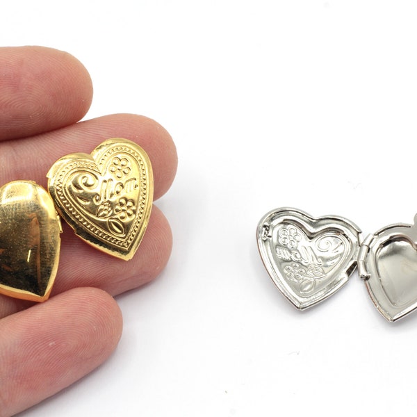 19x22mm 24k Shiny Gold Plated Mom with Heart Locket Charms, Puff Heart Locket with Heart, Photo Frame Charm, Gold Plated Findings, GD935