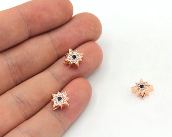 8mm Rose Gold Plated North Star Bracelet Beads, CZ Micro Pave North Star Charm, Pave North Star Beads, Rose Plated Findings, ZC266