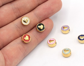 8mm 24k Shiny Gold Plated Enamel Heart Beads, Heart Bracelet Beads, Heart Spacer Beads, Bracelet Charm, Gold Plated Findings, GD932