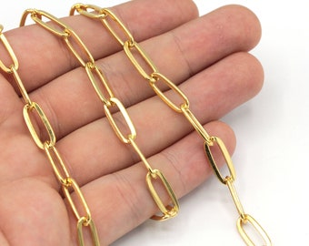 7x17mm 24k Shiny Gold Plated Paperclip Chain, Paperclip Link Chain, Cable Chain, Soldered Chain, Rectangular Chain, Gold Plated Chain, TM060