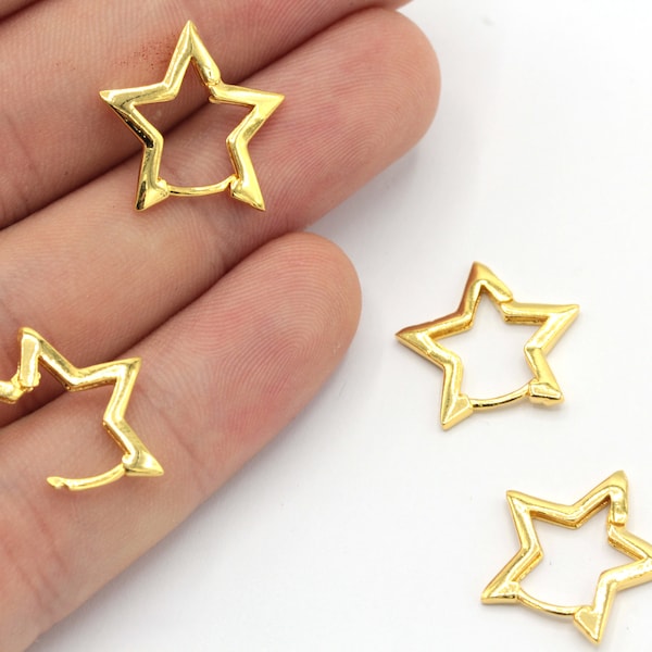 16mm 24k Shiny Gold Plated Leverback Star Earring, Star Hoop Earrings, Star Huggie Earrings, Gold Leverback Earrrings, Earring Clasp, MJ324