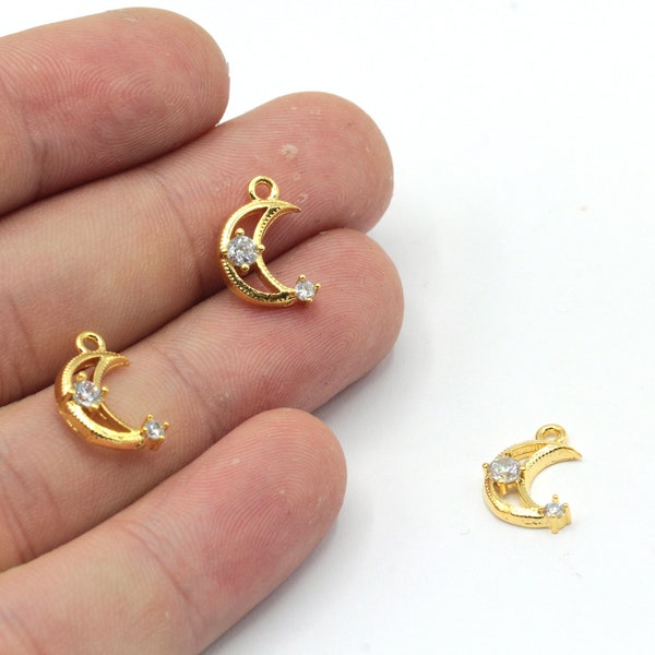 8x14mm 24k Shiny Gold Plated Mini Moon Charm, CZ Micro Pave Tiny Moon Charm, Zirconia Charm, Pave Crescent Charm, Gold Plated Findings, Z138