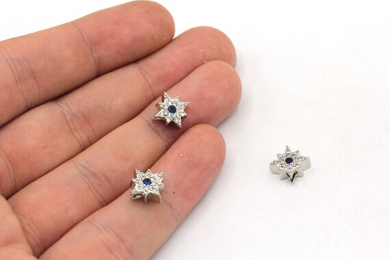 8mm Rhodium North Star Bracelet Beads, CZ Micro Pave North Star Charm, Pave North Star Beads, Zirconia Beads, Rhodium Plated Findings, ZC266