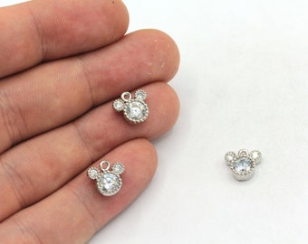 9mm Rhodium Mini Mickey Mouse Charm, CZ Micro Pave Mickey Mouse Charm, Rhodium Zirconia Charms, Rhodium Plated Findings, ZC478