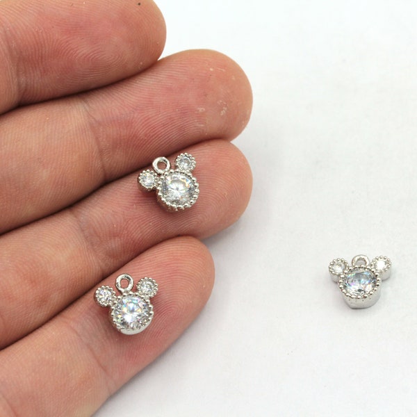 9mm Rhodium Mini Mickey Mouse Charm, CZ Micro Pave Mickey Mouse Charm, Rhodium Zirconia Charms, Rhodium Plated Findings, ZC478