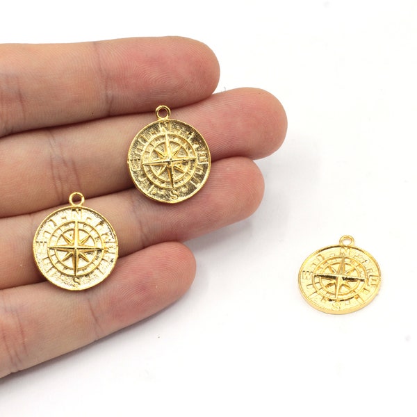18x21mm 24k Shiny Gold Compass Charm, Medallion Charm, Travel Charm, Gold Compass Pendant, North Star Charm, Gold Plated Findings, GD822