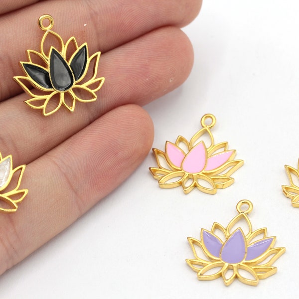 20mm 24k Shiny Gold Lotus Charm, Enamel Lotus Charm, Gold Lotus Flower Charm, Flower of Life Pendant, Gold Plated Findings, GD1112