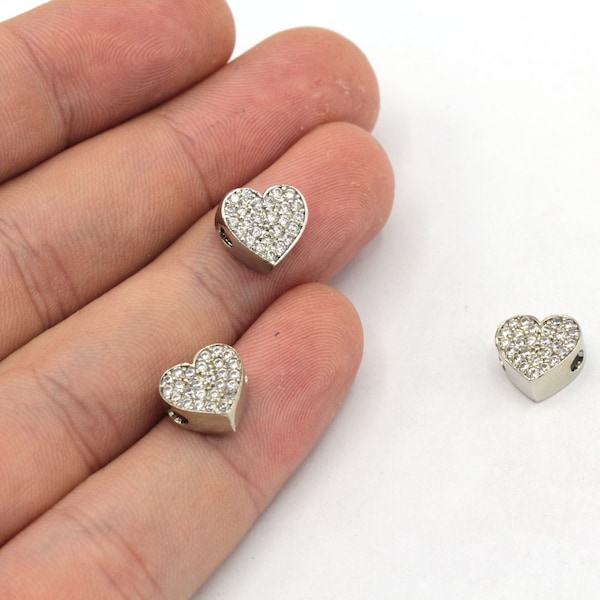 10mm Rhodium Heart Bracelet Charm, CZ Micro Pave Heart Charm, Pave Heart Beads, Zirconia Charm, Rhodium Plated Findings, ZC241