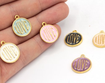 16x19mm 24k Shiny Gold Enamel Love Charm, Medalliom Charm, Love Word Charm, Enamel Charms,  Necklace Charm, Gold Plated Findings, GD417