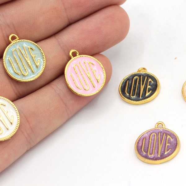 16x19mm 24k Shiny Gold Enamel Love Charm, Medalliom Charm, Love Word Charm, Enamel Charms,  Necklace Charm, Gold Plated Findings, GD417