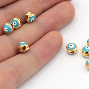 7mm 24k Shiny Gold Enamel Evil Eye Beads, Evil Eye Bracelet Beads, Bracelet Connector, Bracelet Charm, Gold Plated Findings, GD076