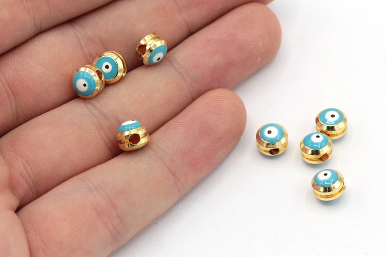 7mm 24k Shiny Gold Enamel Evil Eye Beads, Evil Eye Bracelet Beads, Bracelet Connector, Bracelet Charm, Gold Plated Findings, GD076 image 1