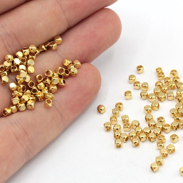 50 Pcs 3mm 24k Shiny Gold Cube Beads, Cube Spacer Beads, Geometric Beads, Bracelet Connector, Bracelet Charm, Gold Plated Findings, GD821