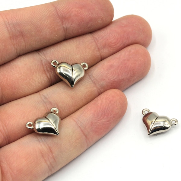 12x16mm Rhodium Heart Magnetic Clasps, Love Magnetic Charms, Heart Bracelet Clasps, Chain Connector, Rhodium Plated Findings, MJ307