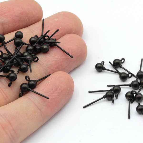 10 Pcs 4mm Black Plated Ball Ear Post, Stainless Steel Earrings, Ball Ear Post, Ball Stud Earrings, Black Earrings, Black Plated Findings