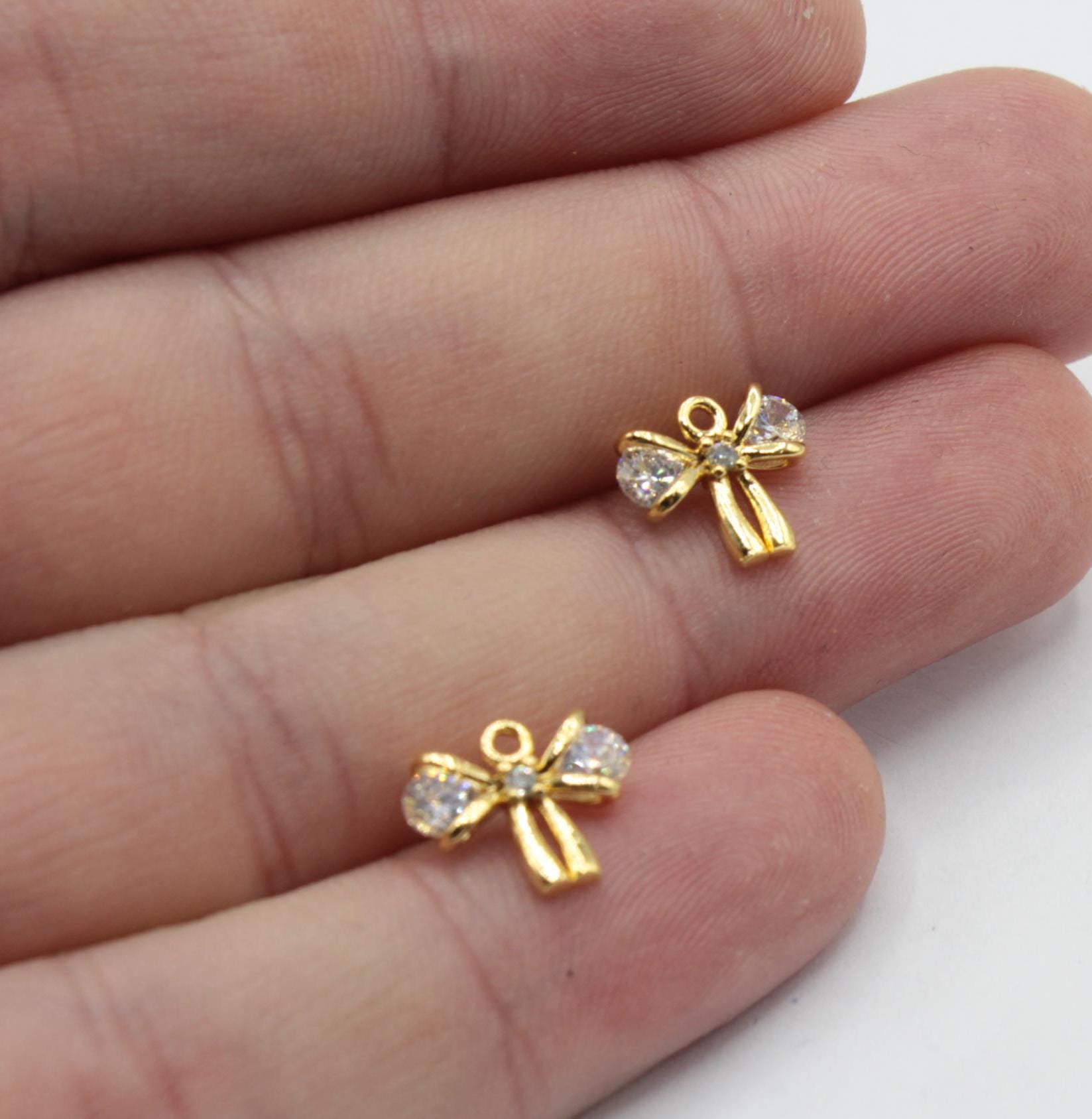 9x10mm 24k Shiny Gold Plated Mini Ribbon Bowknot Pave Charm, Tiny Bow ...