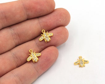 11x12mm 24k Shiny Gold Tiny Bee Bracelet Charm, CZ Micro Pave Bee Charm, Pave Animal Charms, Zirconia Charms, Gold Plated Findings, ZC349