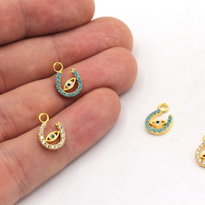 8 x 12 mm 24k Błyszczące Złoto Pozłacane CZ Micro Pave Mini Podkowa z Urokiem Złego Oka, Uroki Cyrkonii, Urok Szczęścia, Złocone Okucia, ZC500