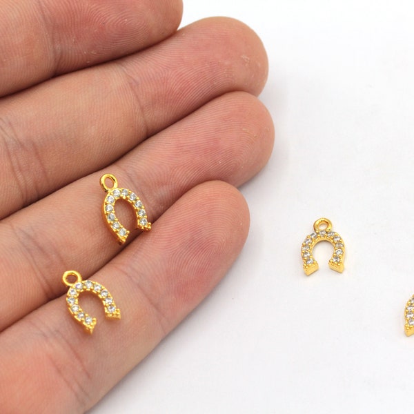 7x11mm 24k Shiny Gold Mini Horseshoe Charm, CZ Micro Pave Horseshoe Charm, Zirconia Charm, Horseshoe Earrings, Gold Plated Findings, ZC012