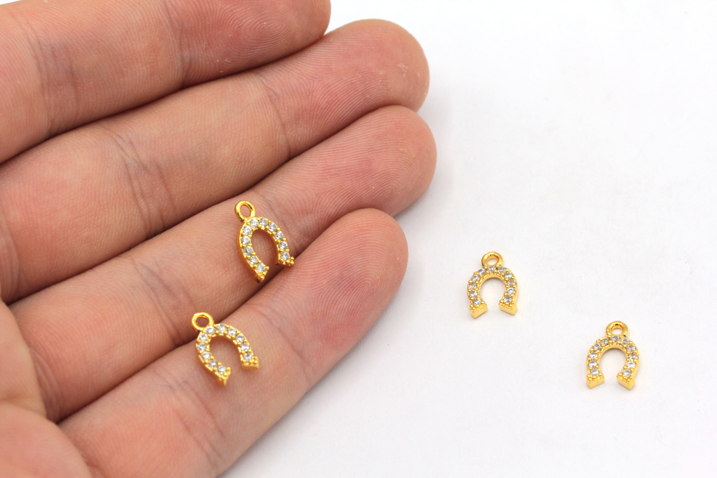 7x11mm 24k Shiny Gold Mini Horseshoe Charm, CZ Micro Pave Horseshoe Charm, Zirconia Charm, Horseshoe Earrings, Gold Plated Findings, ZC012