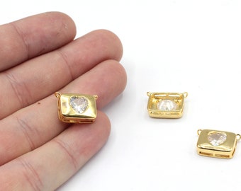 11x15mm 24k Shiny Gold Plated Heart with Envelope Charm, CZ Micro Pave Envelope Charm, Letter Envelope Charm, Gold Plated Findings