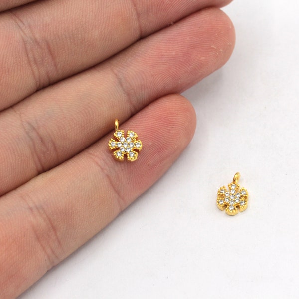 6x10mm 24k Shiny Gold Mini Snowflake Charm, CZ Micro Pave Snowflake Charm, Zirconia Charm, Snowflake Earring, Gold Plated Findings, ZC295