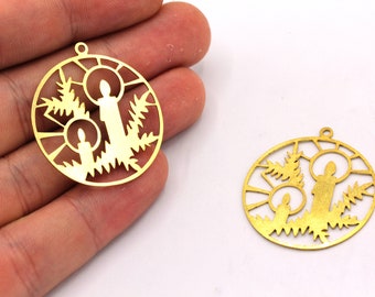 9ktローズゴールド＆パール風チャーム Ф 30x33mm Rose Gold Plated Leaf With Candles Charm, Christmas