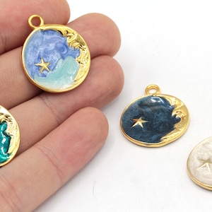 22x25mm 24k Shiny Gold Plated Enamel Moon With Star Charm, Medallion Charm, Celestial Pendant, Necklace Charm, Gold Plated Findings, GD970