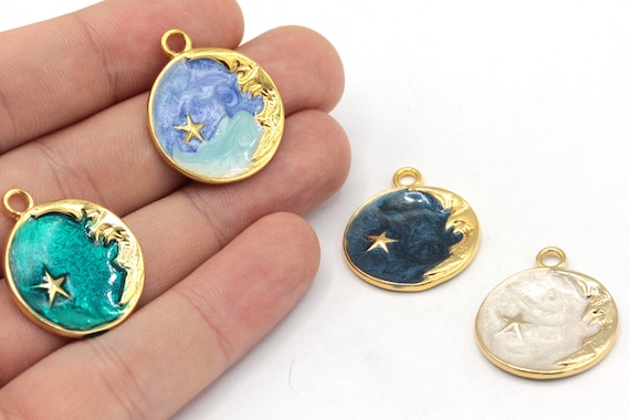 22x25mm 24k Shiny Gold Plated Enamel Moon With Star Charm, Medallion Charm, Celestial Pendant, Necklace Charm, Gold Plated Findings, GD970