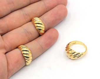 16-17mm 24k Shiny Gold Plated Adjustable Dome Rope Ring, Gold Dome Croissant Rings, Twisted Rope Ring, Gold Plated Rings, GR021
