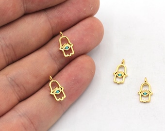7x12mm 24k Shiny Gold Mini Hamsa Charm, CZ Micro Pave Hamsa Charm, Zirconia Charms, Tiny Evil Eye Charm, Gold Plated Findings, ZC431
